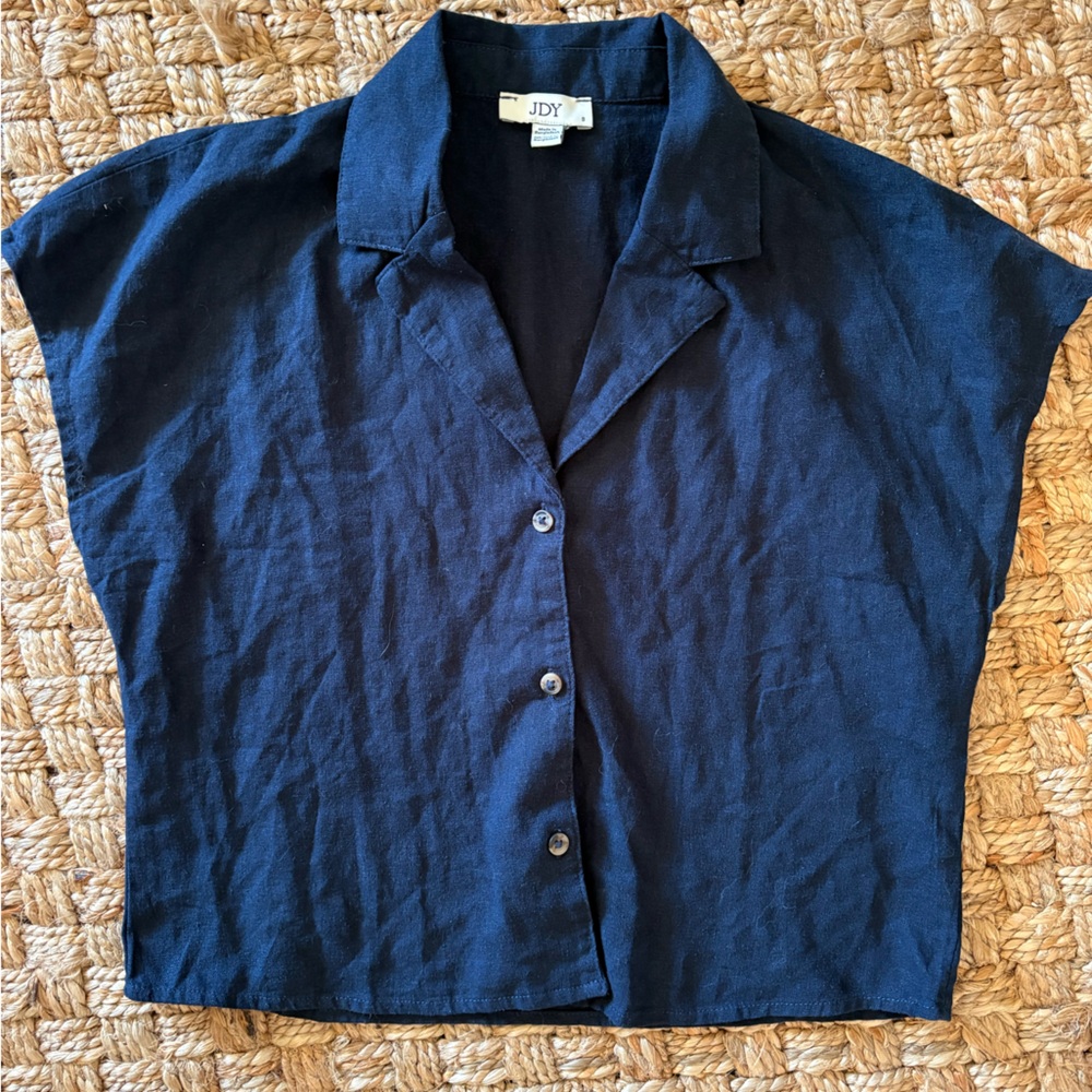 ASOS Linen Cropped Black Button Collared Shirt